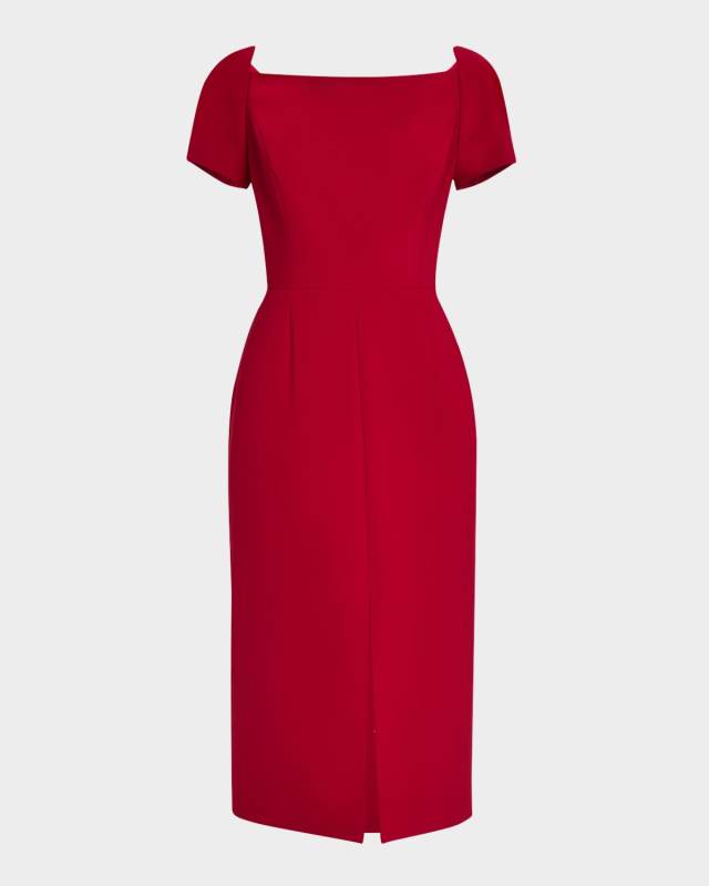 Curved-Neck Short-Sleeve Slit Midi Dress